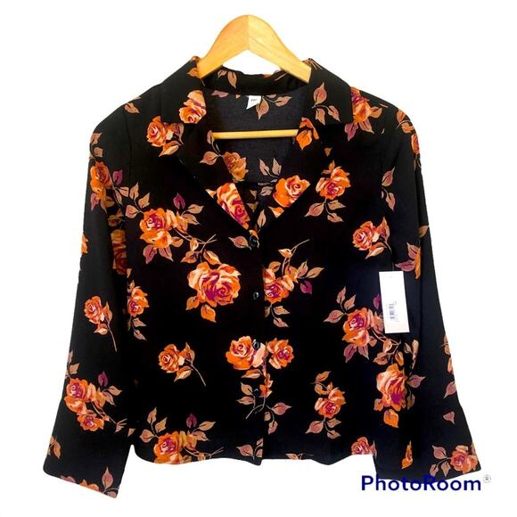 NWT Nordstrom BP Women’s XXS Floral Button Up Black Cropped Blouse Oversized - Picture 1 of 7